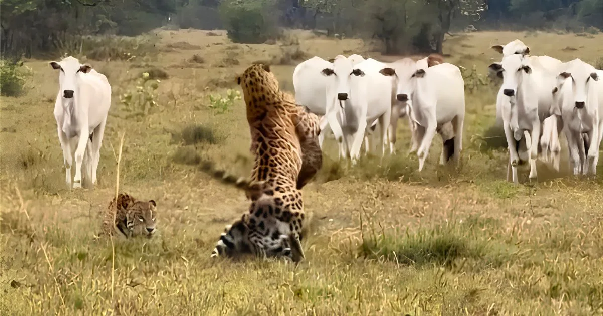Quatro onças aparecem no meio do gado e dois machos entram em confronto no Pantanal; vídeo