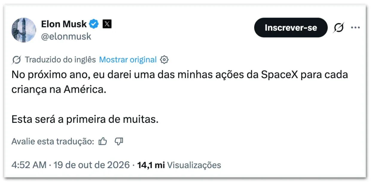 Musk diz que doará ações da SpaceX para crianças nos EUA